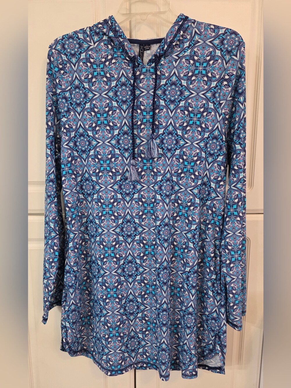 Aqua Et Sol Blue Mosaic-Print Swim Coverup Tunic Top- Size Large- NWT